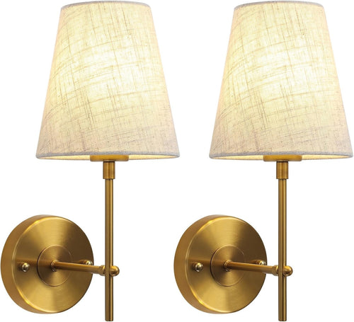 Brass Wall Lamps 2-Pack with Linen Shades | Dimmable Retro Bedroom & Hallway