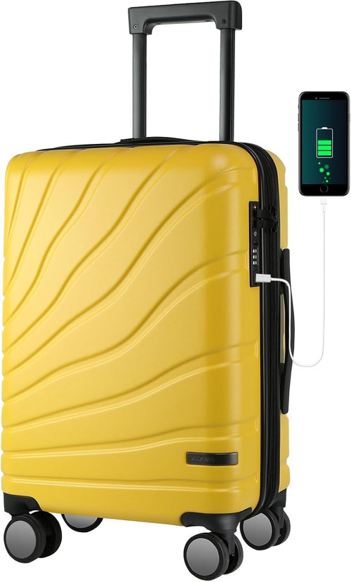 Yellow 20 Inch Carry On Suitcase PC Hard Shell Expandable Spinner TSA USB
