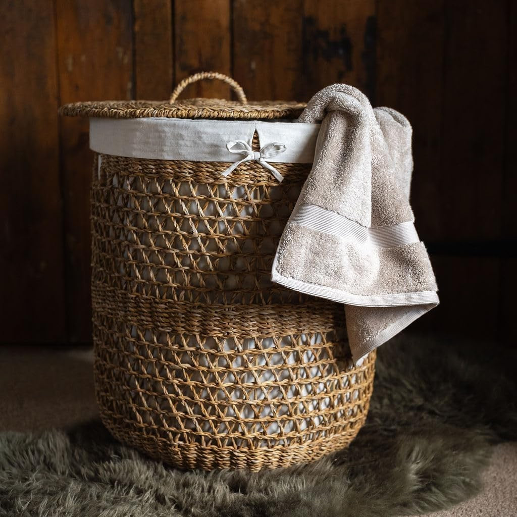 Extra Large Seagrass Laundry Basket with Lid & Removable Liner | Handwoven Hampe