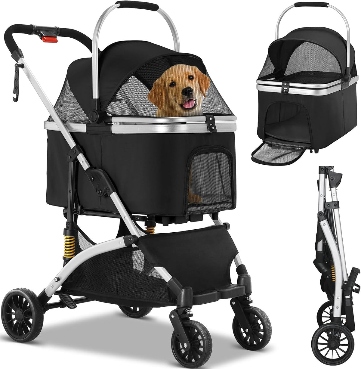 3 in 1 Pet Stroller Folding Dog Cat Pram 360 Wheels Storage Basket Black