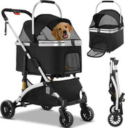3 in 1 Pet Stroller Folding Dog Cat Pram 360 Wheels Storage Basket Black