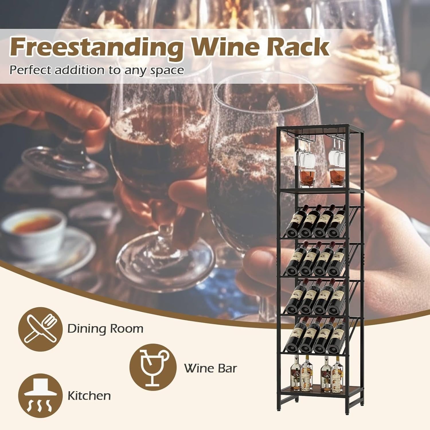 7-Tier Freestanding Wine Rack with Glass Holder, 16 Bottle Storage Shelf Unit