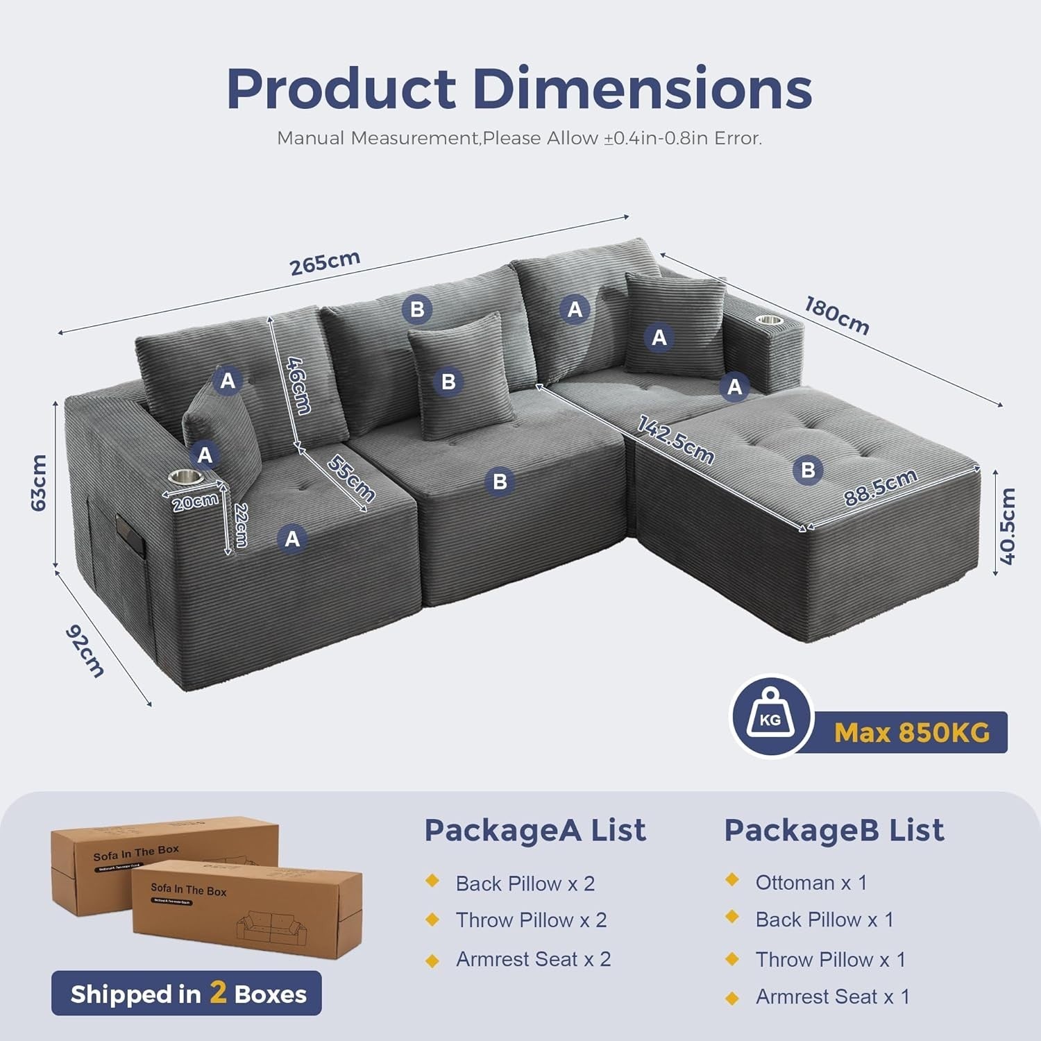 Grey Corduroy L-Shaped Sofa | Cup Holder | No Assembly | Deep Seat Couch
