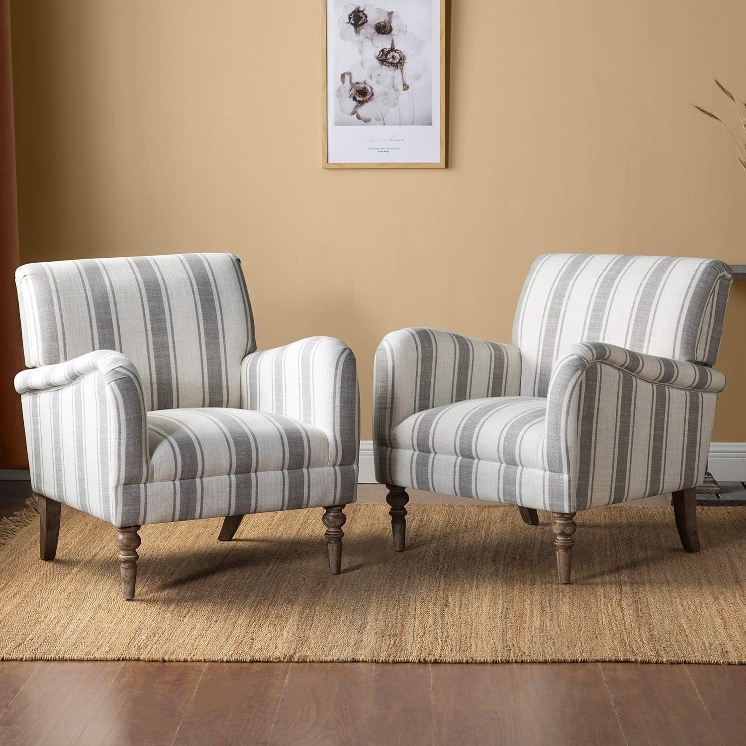 Set of 2 Striped Upholstered Armchair with Wooden Legs Lounge or Bedroom Grey