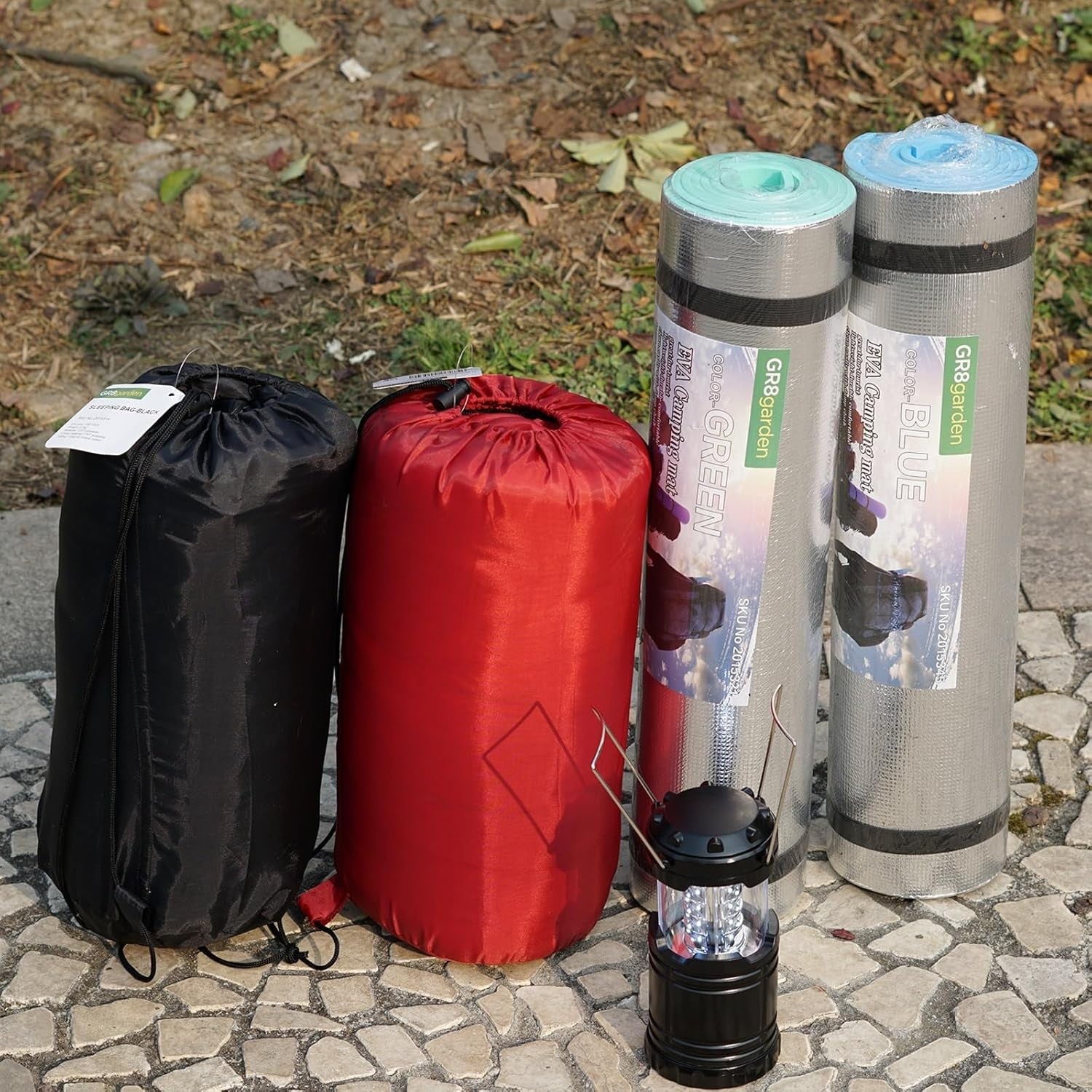 2 Person Camping Tent Set Sleeping Bags Mats Lantern Kit