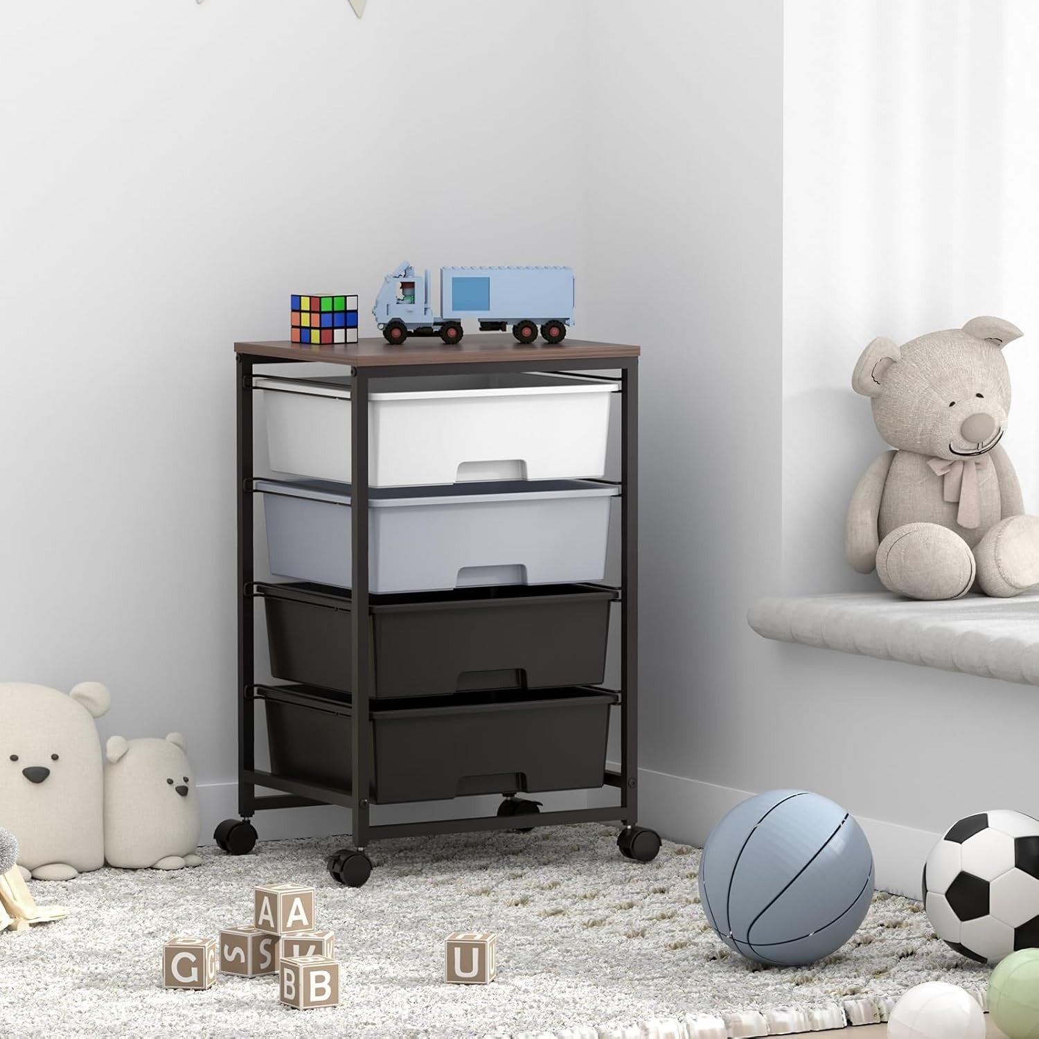 4 Drawer Mobile Storage Cart Utility Organizer Trolley w/ Wooden Top