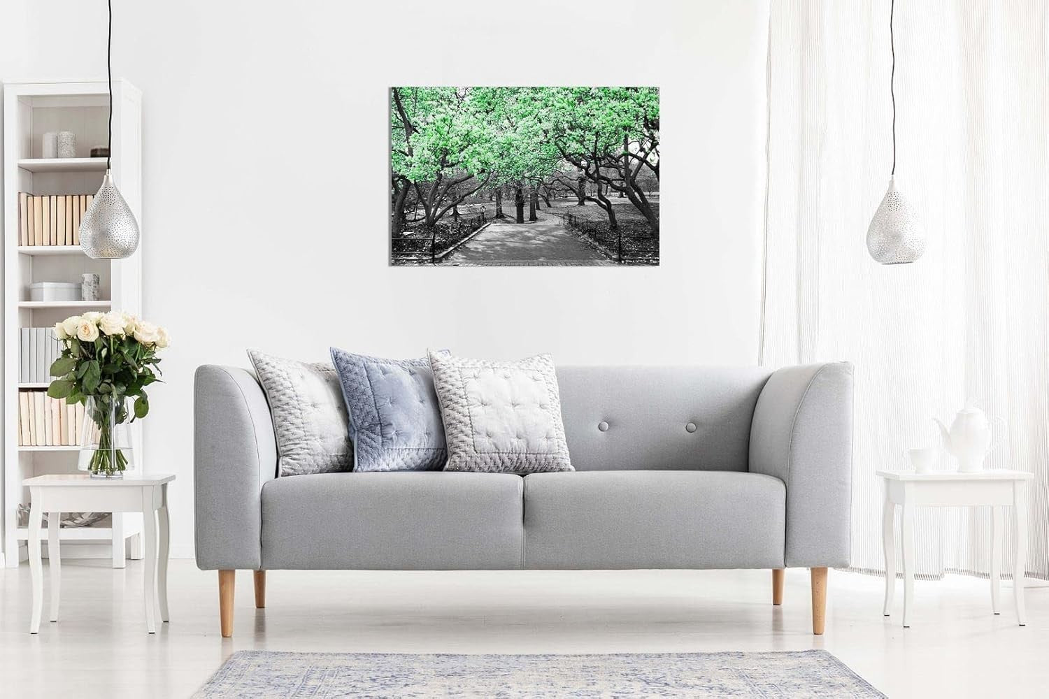 Black White Green Blossom Canvas Wall Art Modern Floral Home Decor Print