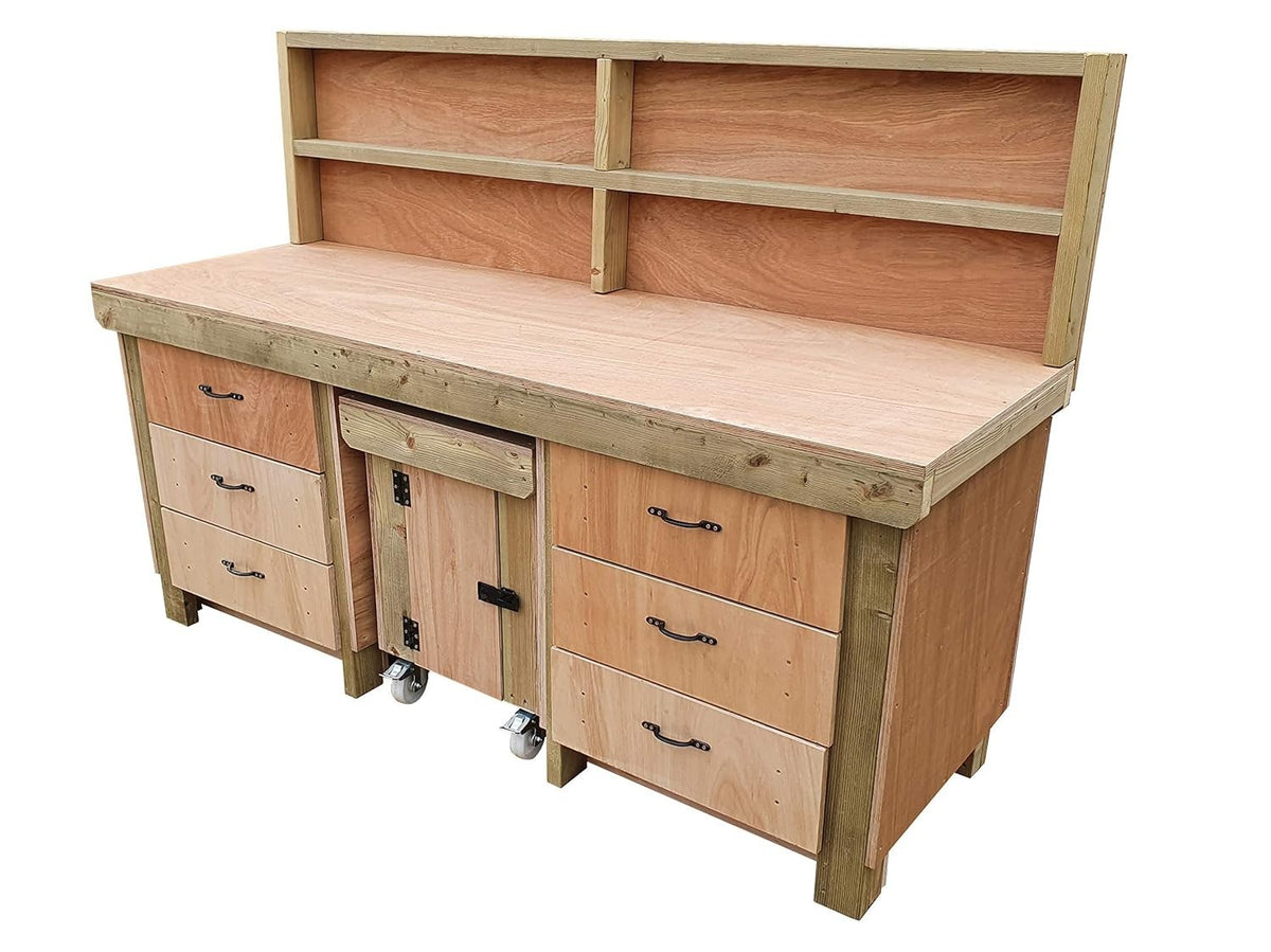 8ft Heavy Duty Wooden Workbench w/ Drawers, Lockable Cupboard & Back Panel