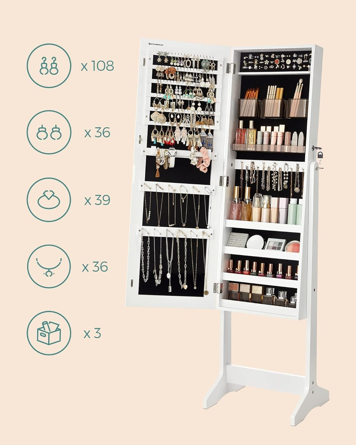 Lockable Standing Jewelry Cabinet Full Length Mirror Makeup Storage White