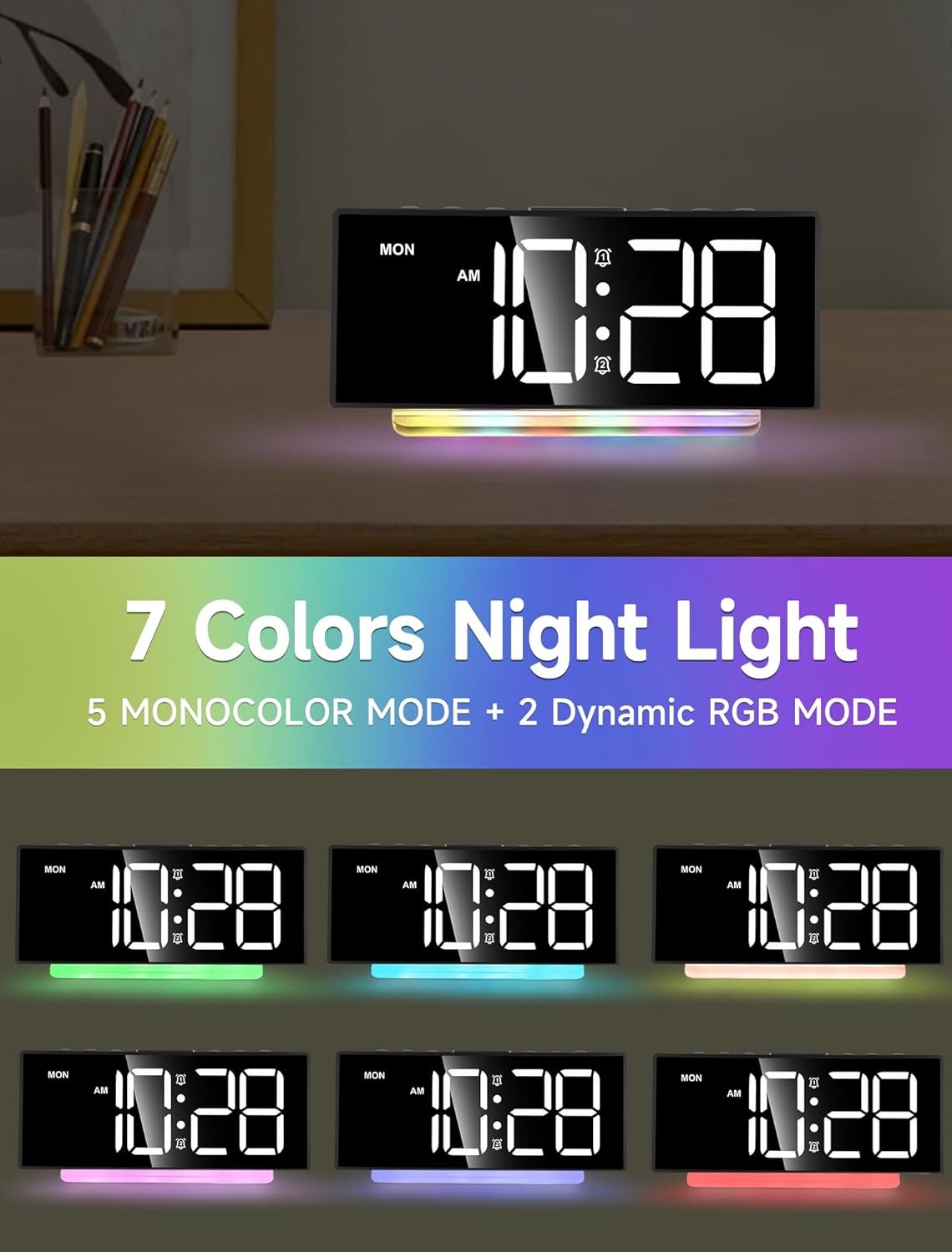 Extra Loud Alarm Clock Large LED Display RGB Night Light Heavy Sleepers