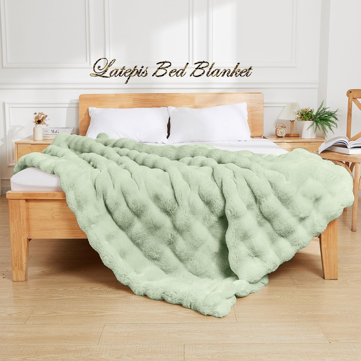 Luxury Sage Green Faux Fur Bubble Blanket Twin 152x203cm Super Soft Warm