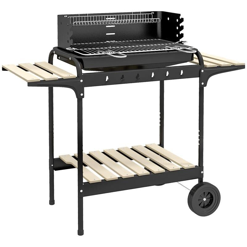 Charcoal BBQ Grill Trolley with 5-Height Levels, Shelves, Wheels & Warmer