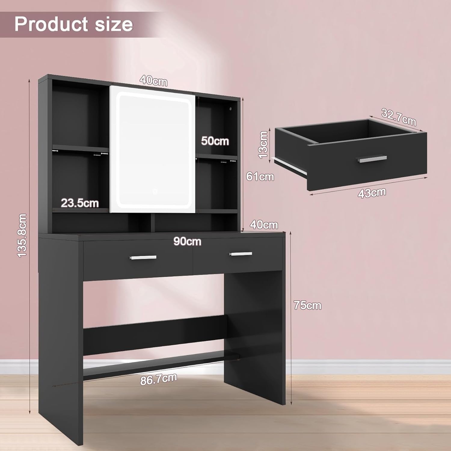 Modern Dressing Table Vanity w/LED Mirror Lights 2 Drawers Storage Black