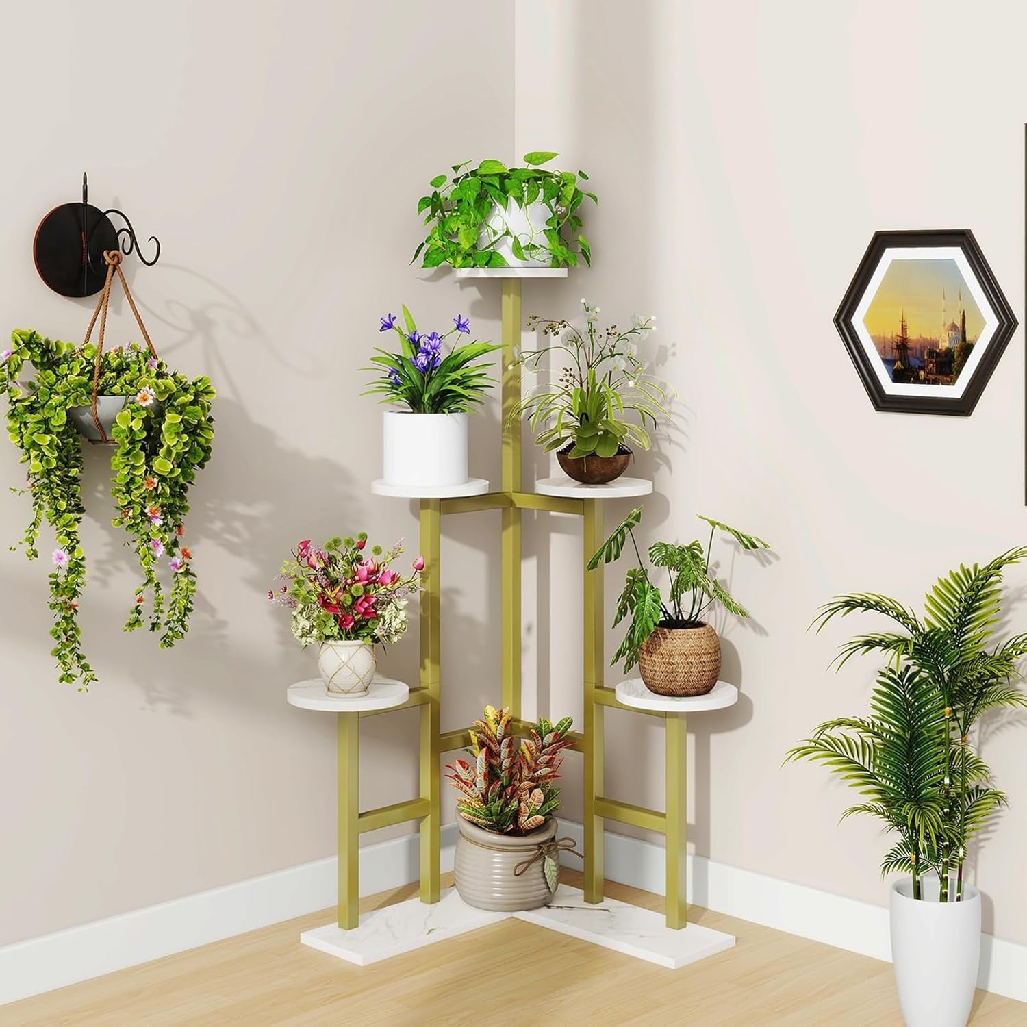6 Tier Gold Metal Wood Plant Stand | Tall Indoor Corner Flower Pot Display Shelf