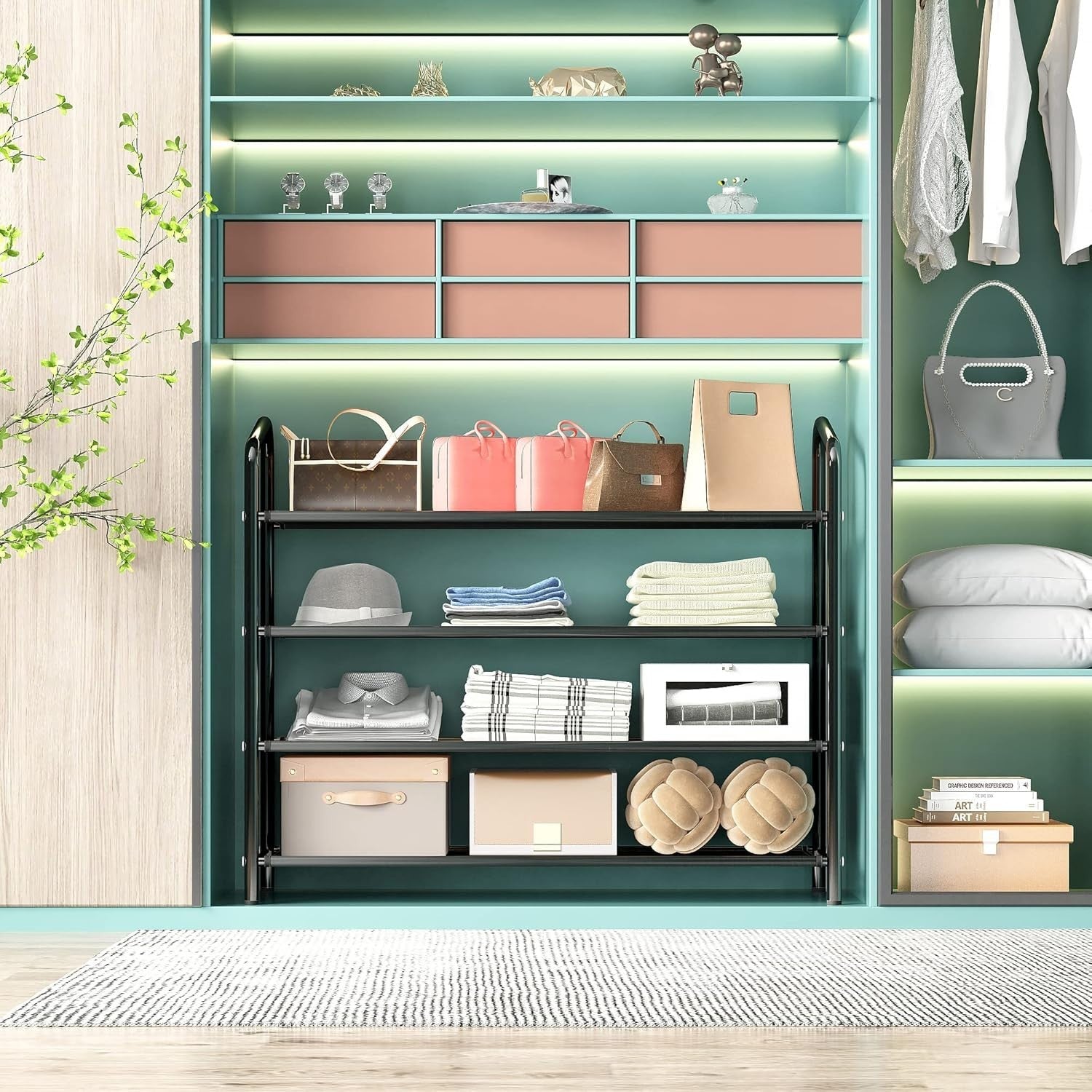 4-Tier Rolling Shoe Rack with Waterproof Fabric Shelves & Locking Wheels