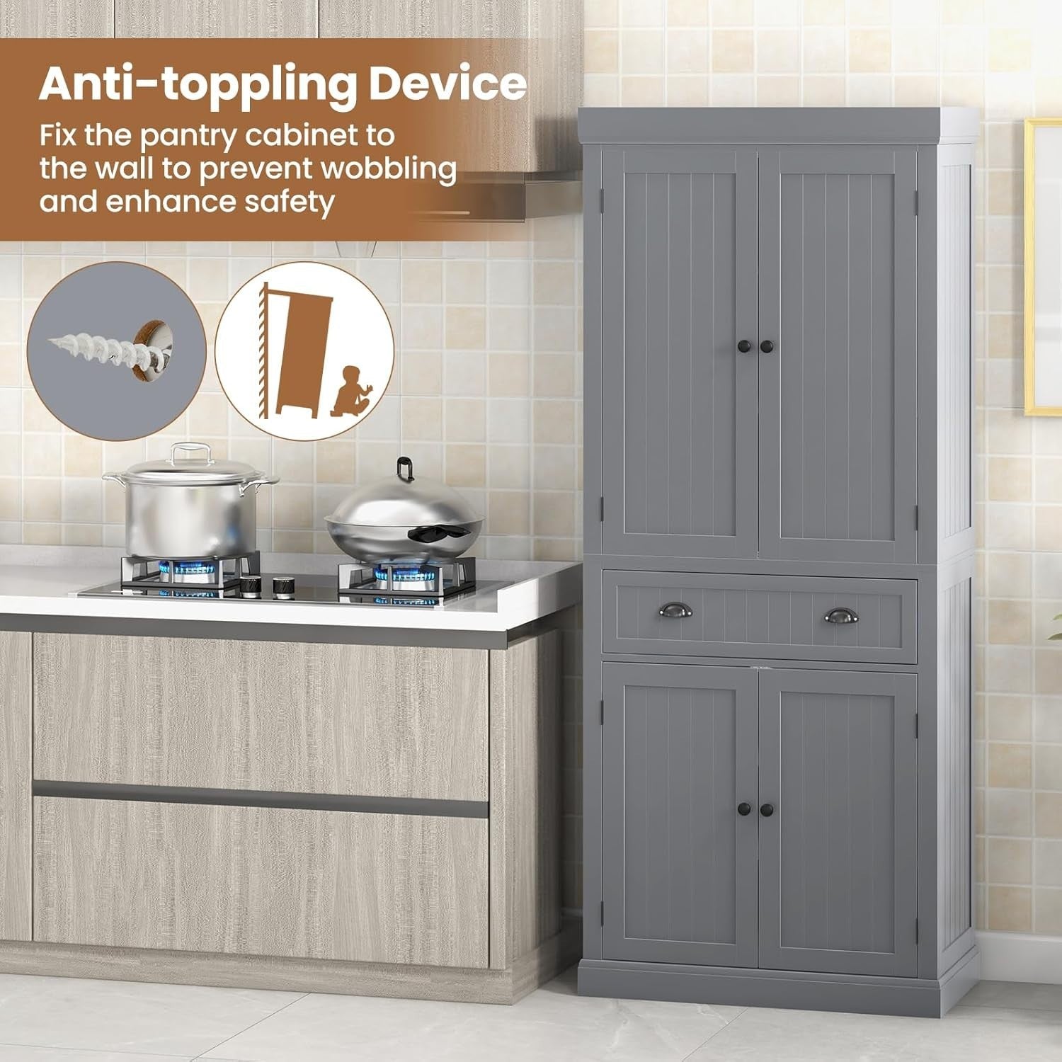 Grey Tall Kitchen Cupboard 183cm Pantry Storage Cabinet Drawer Shelves