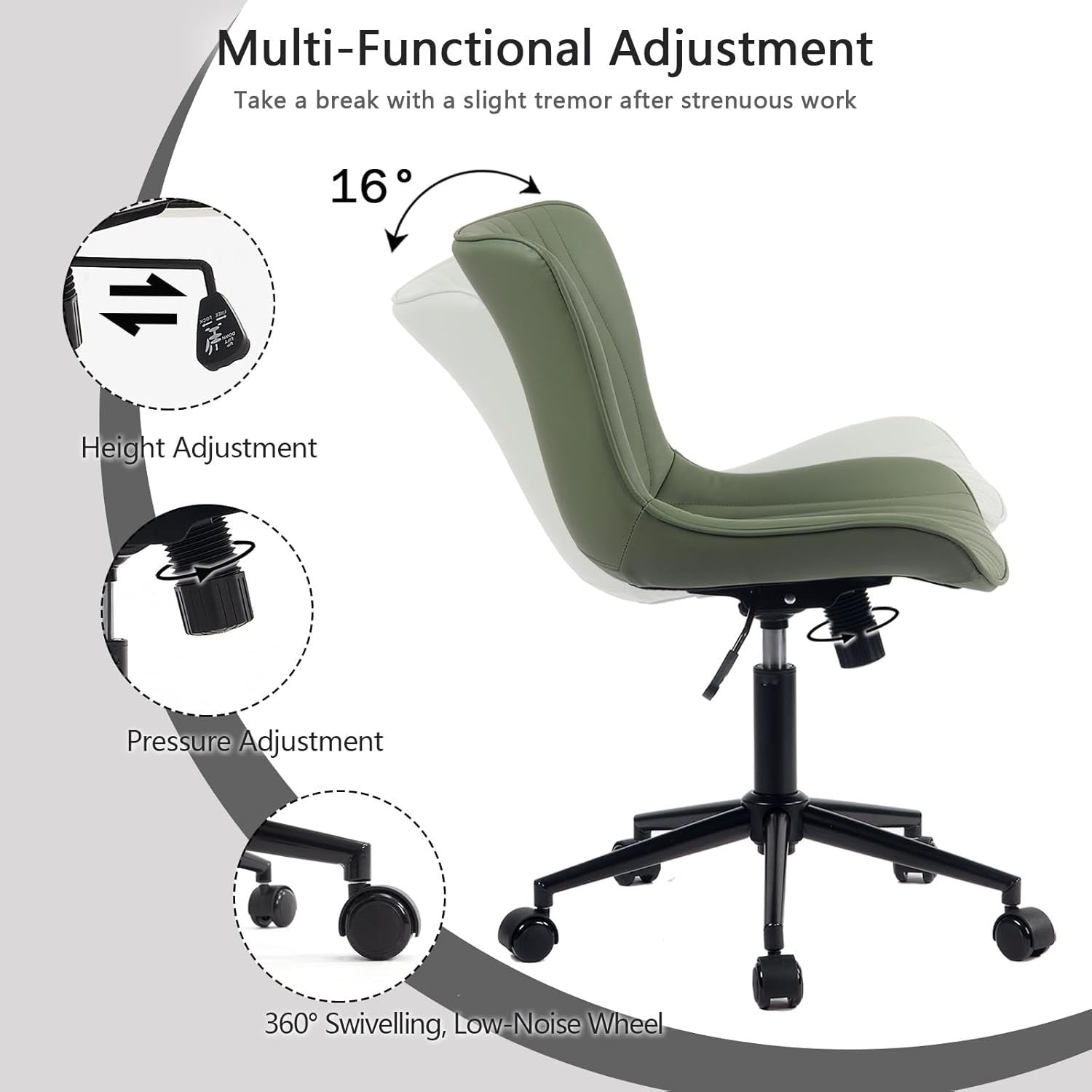 Ergonomic Office Chair Faux Leather Swivel Adjustable Height Desk Task Seat Gree