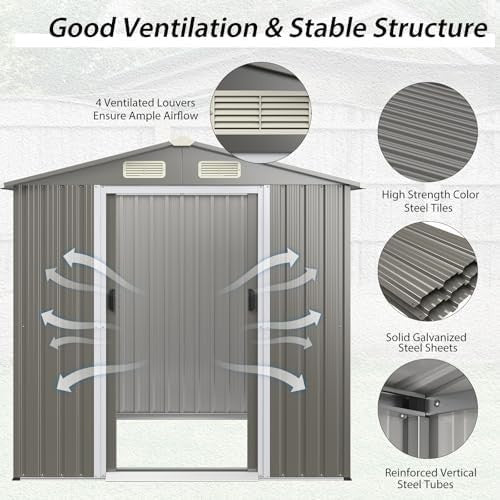 6x4FT Metal Garden Shed with Vents, Sliding Door & Ramp, Waterproof Storage