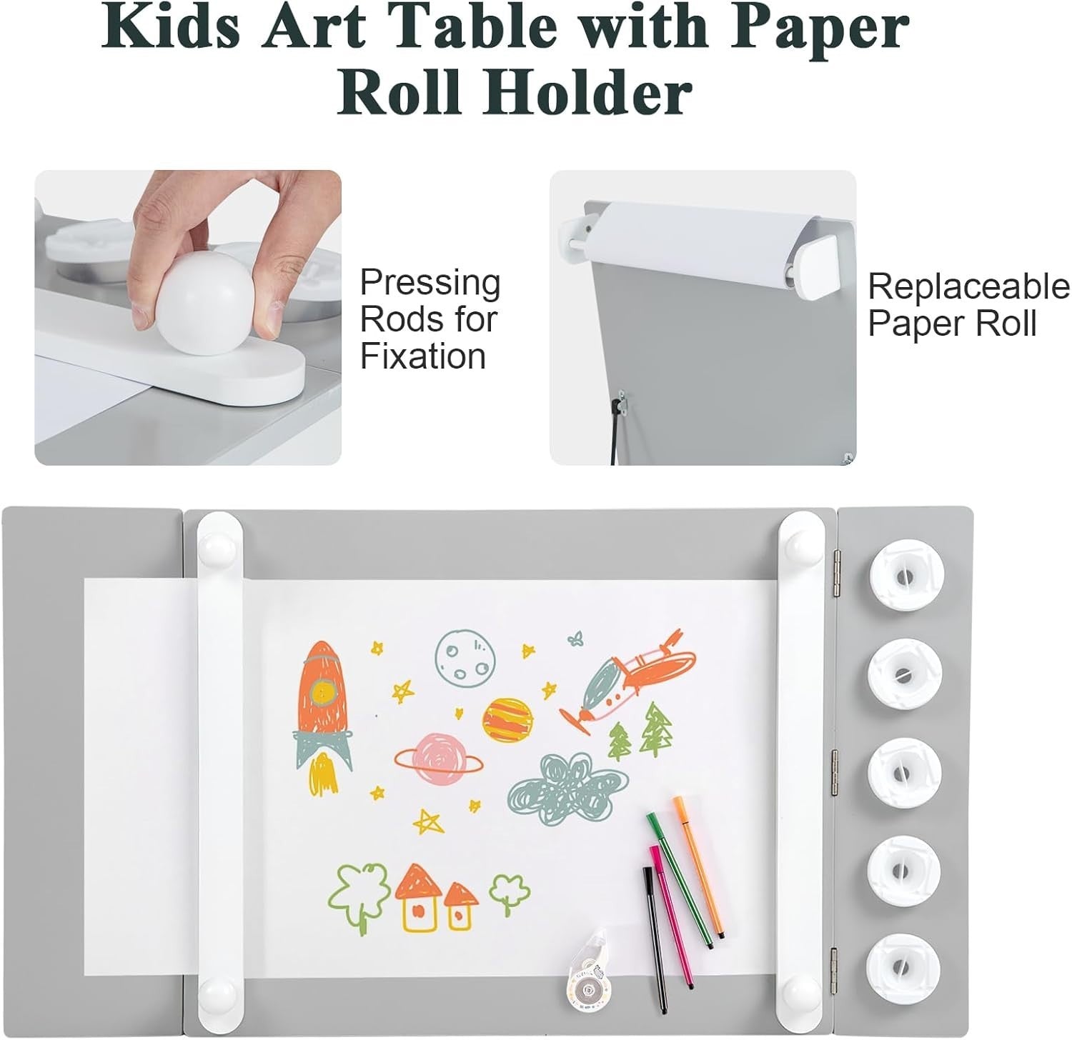 Kids Lift-Top Art & Study Table Set with Storage, Paper Roll & Paint Cups
