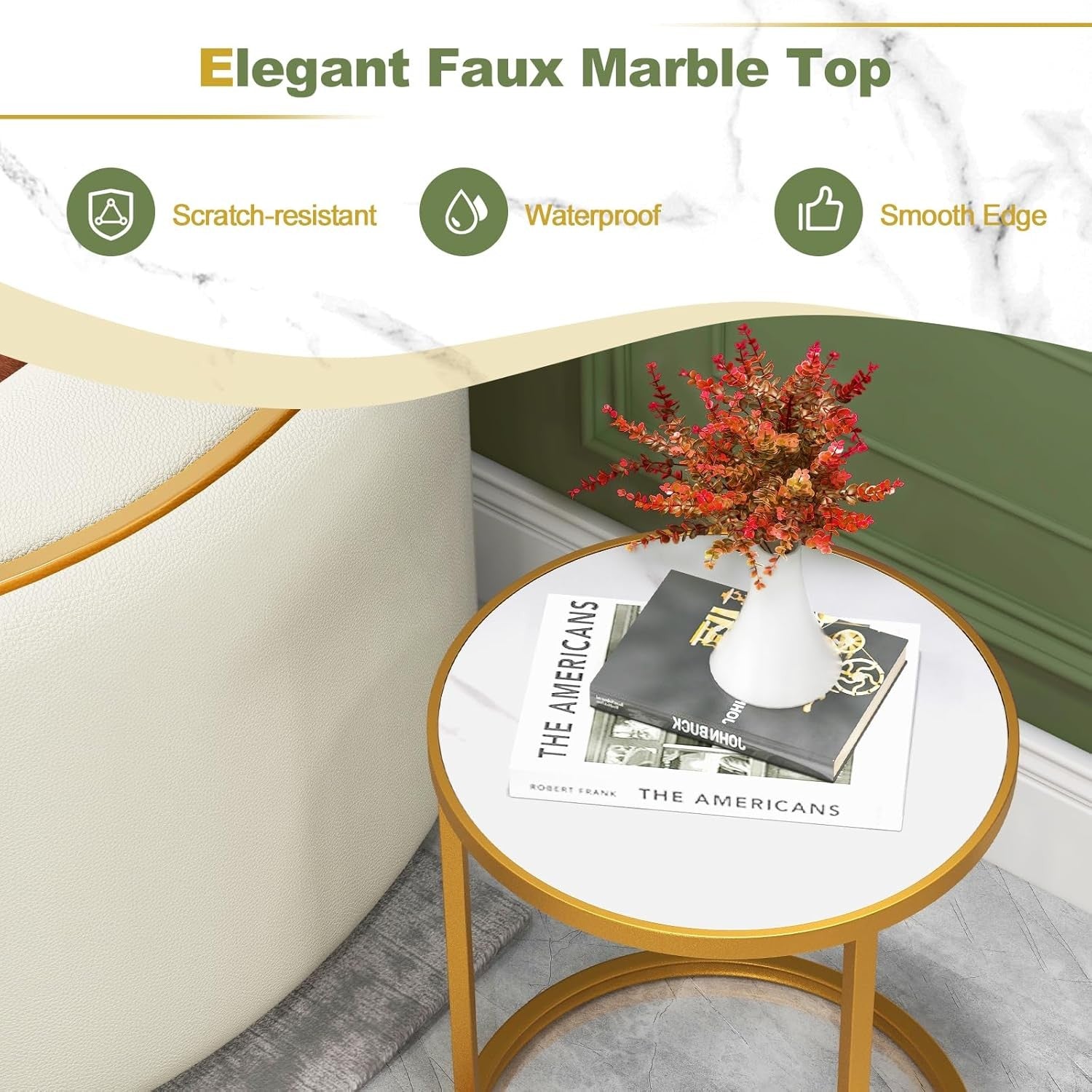 Luxury Marble Top Side Tables Set of 2 – Round Gold Metal Frame Small End Tables