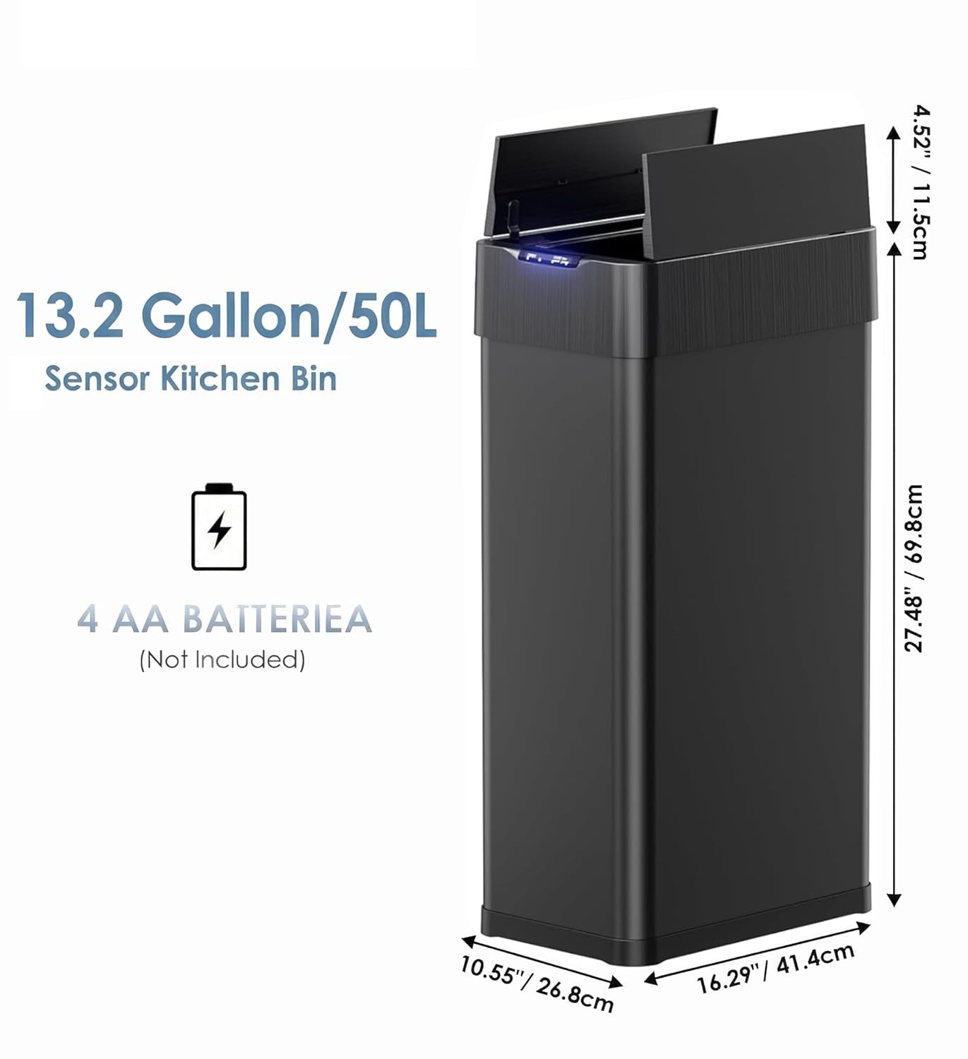 50L Touchless Kitchen Bin | Automatic Sensor Trash Can Black