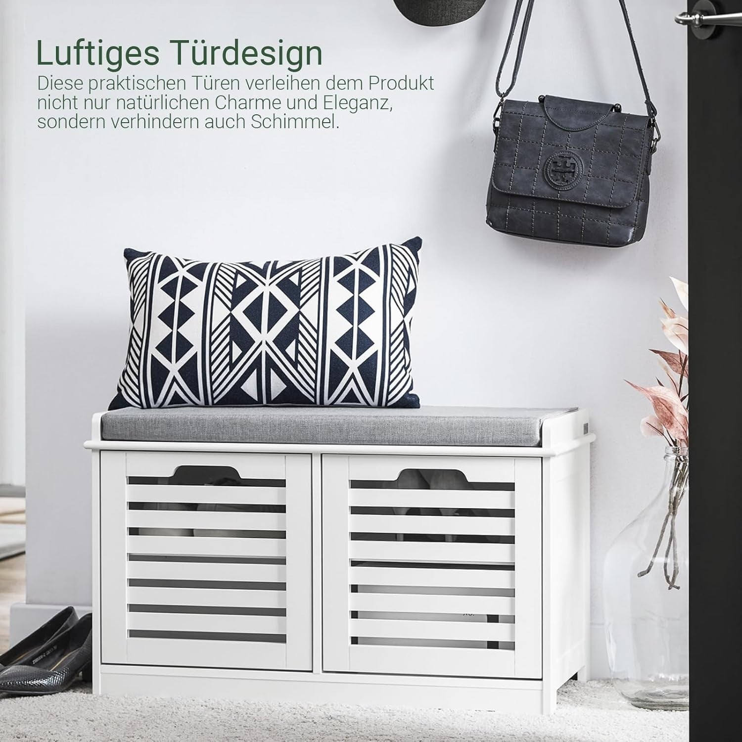 White Shoe Storage Bench with Cushion | 2 Door Hallway Seat Cabinet Unit
