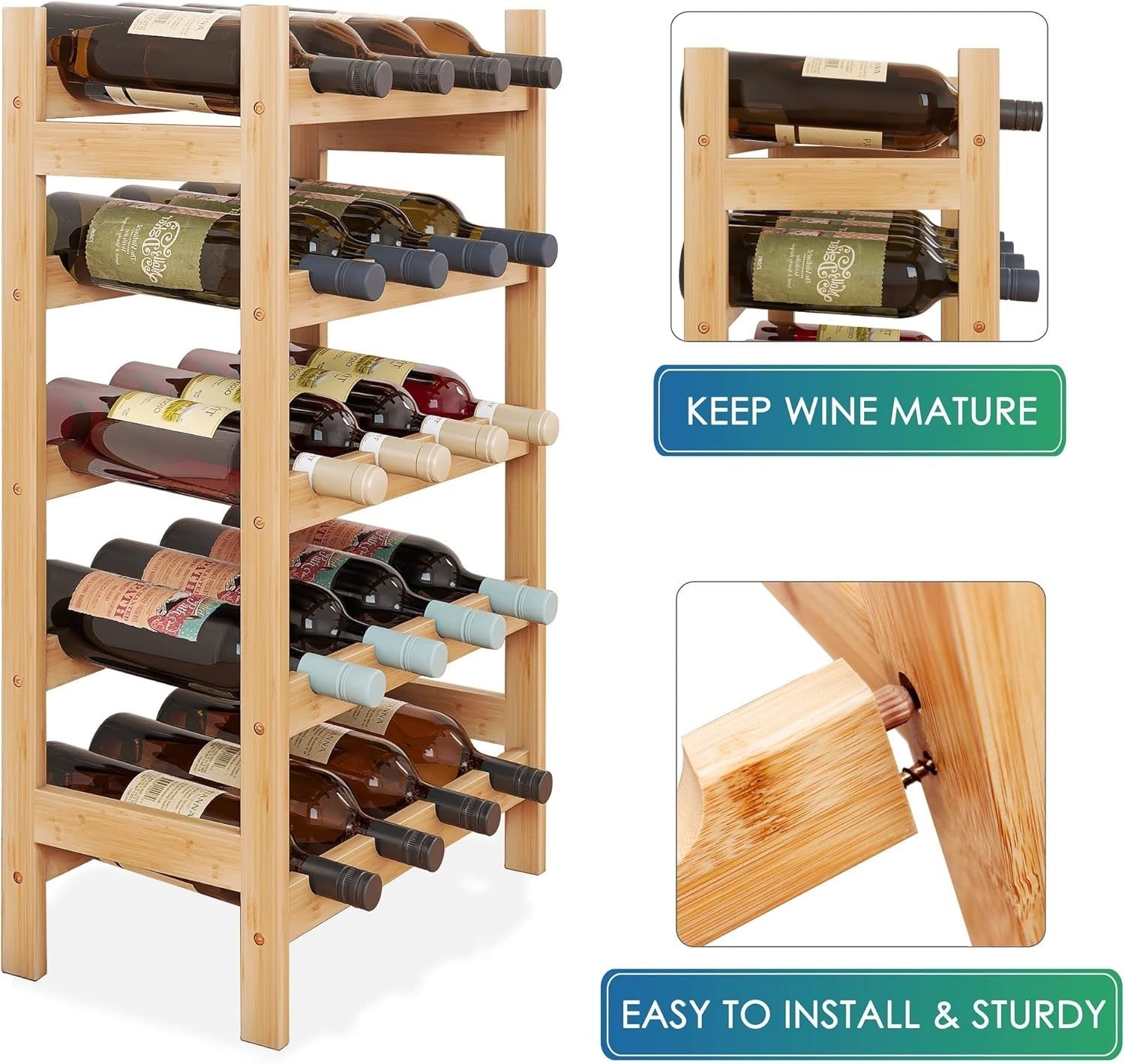 5 Tier Wooden Wine Rack 20 Bottle Storage Shelf Free Standing Natural Wood