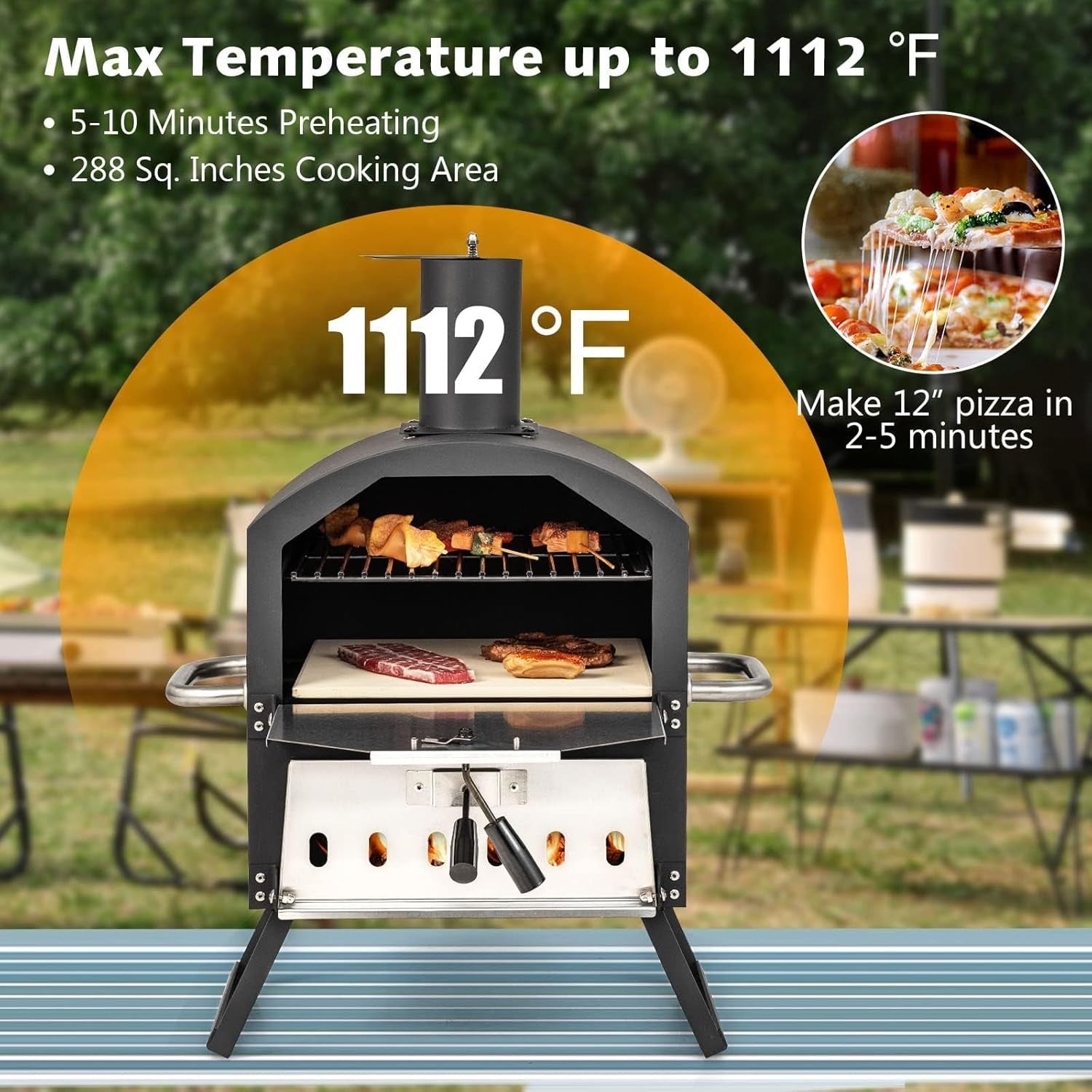 Wood Fired Outdoor Pizza Oven 2-Layer Stone BBQ Cooker with Cover & Peel