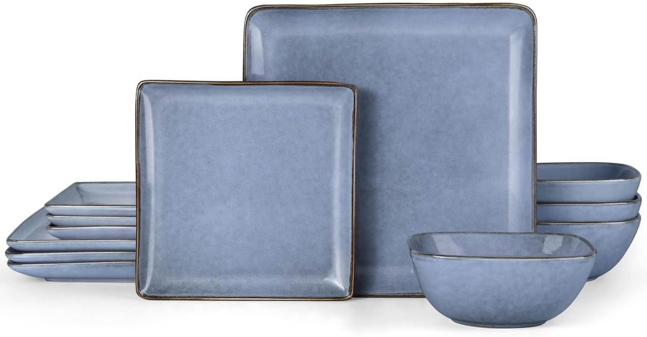 12pc Square Stoneware Dinner Set Plates Bowls Microwave Dishwasher Safe Blue