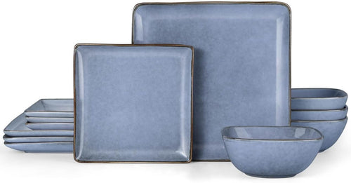 12pc Square Stoneware Dinner Set Plates Bowls Microwave Dishwasher Safe Blue