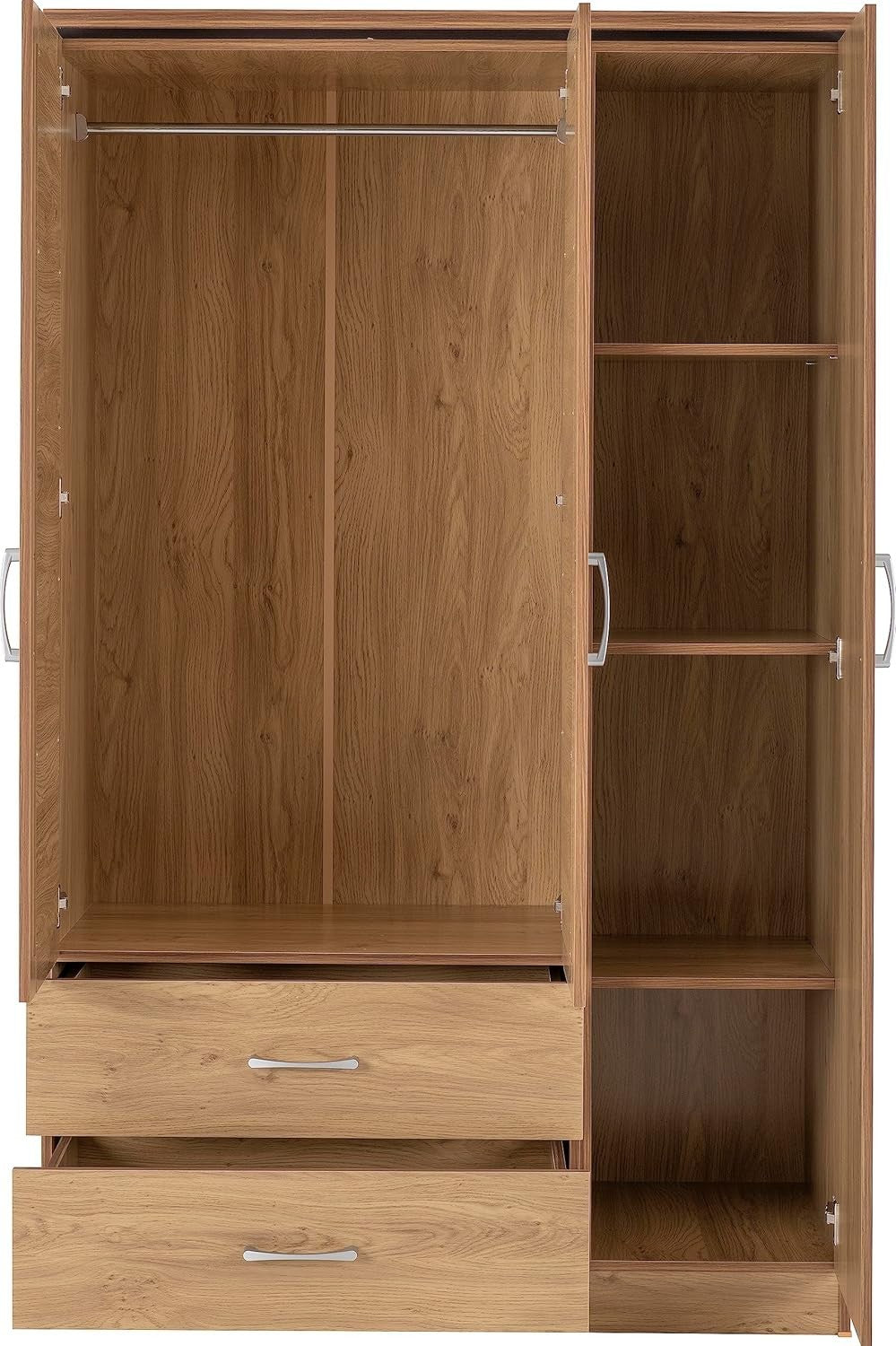 3 Door Wardrobe Oak Effect Mirror Sliding Hinged Storage Drawers Modern