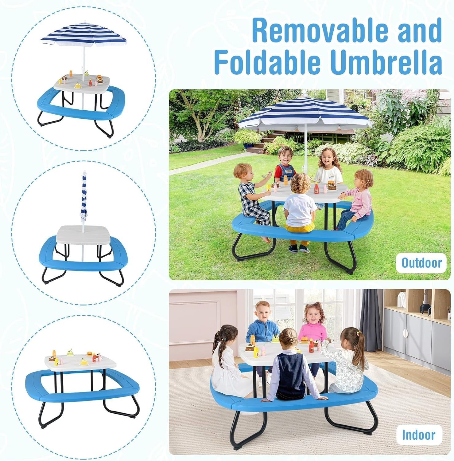 Kids Outdoor Picnic Table & Chairs Set with Adjustable Umbrella, Seats 8