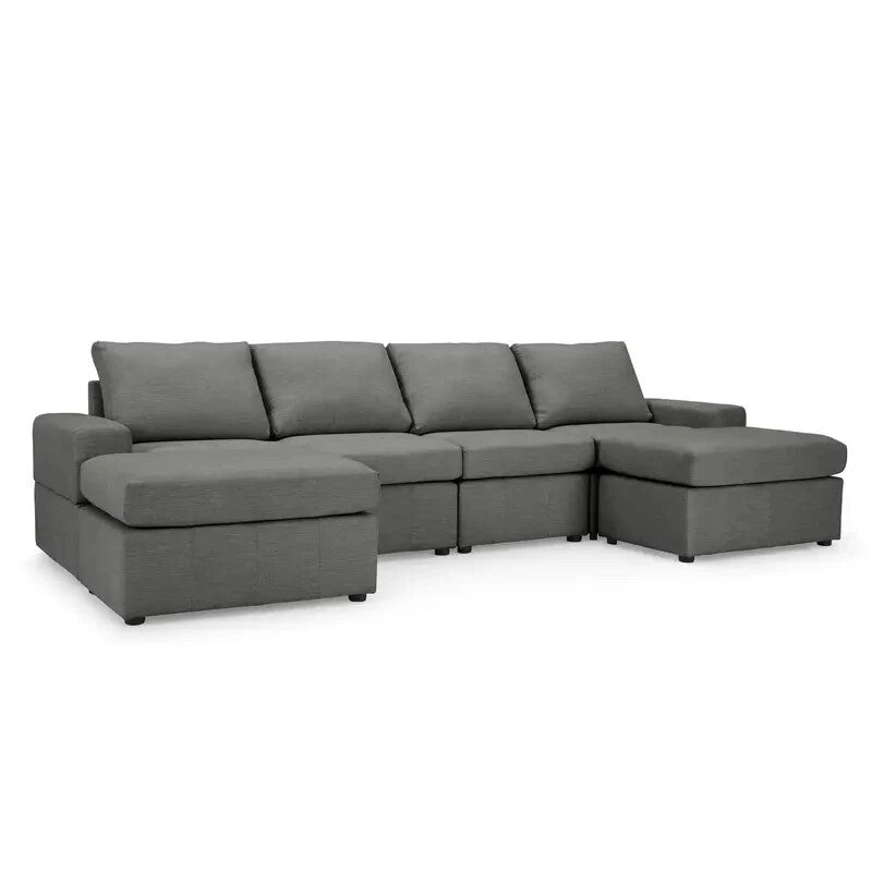 4 Seater Modular Sofa with Footstools Dark Grey Linen Padded Couch