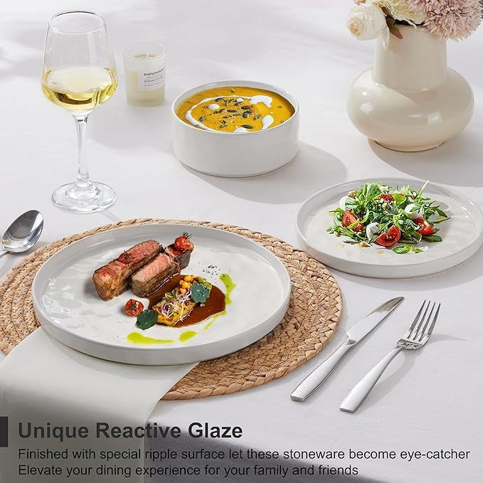 12 Piece Stoneware Dinner Set for 4 Reactive Glaze Plates Bowls White