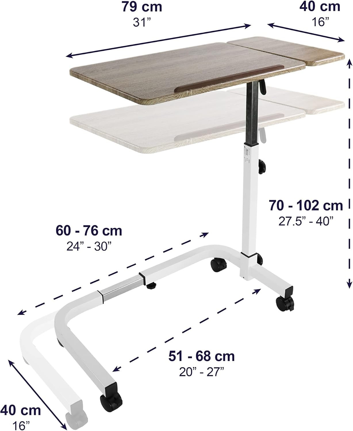 Overbed Table with Wheels Adjustable Height Tilting Laptop Desk White