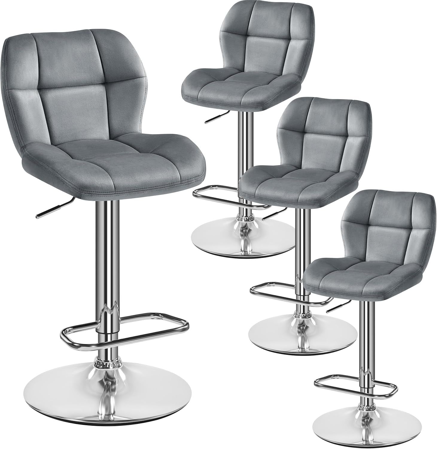 Adjustable Velvet Bar Stools Set of 4 Dark Grey Swivel Counter Chairs