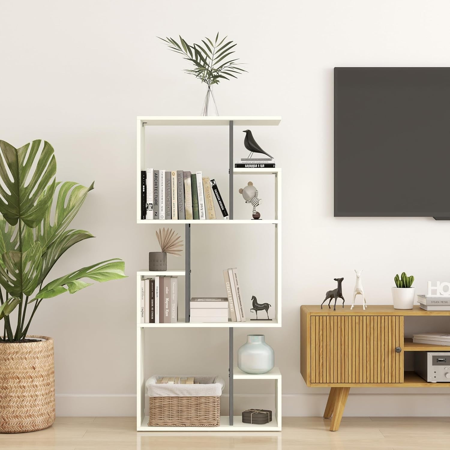 White 3-Tier Slim Bookcase Room Divider, Asymmetric Display Storage Shelf
