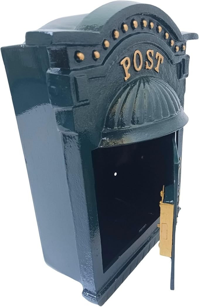 Vintage Cast Iron Wall Post Box Green Gold Lettering Lockable Secure Mailbox