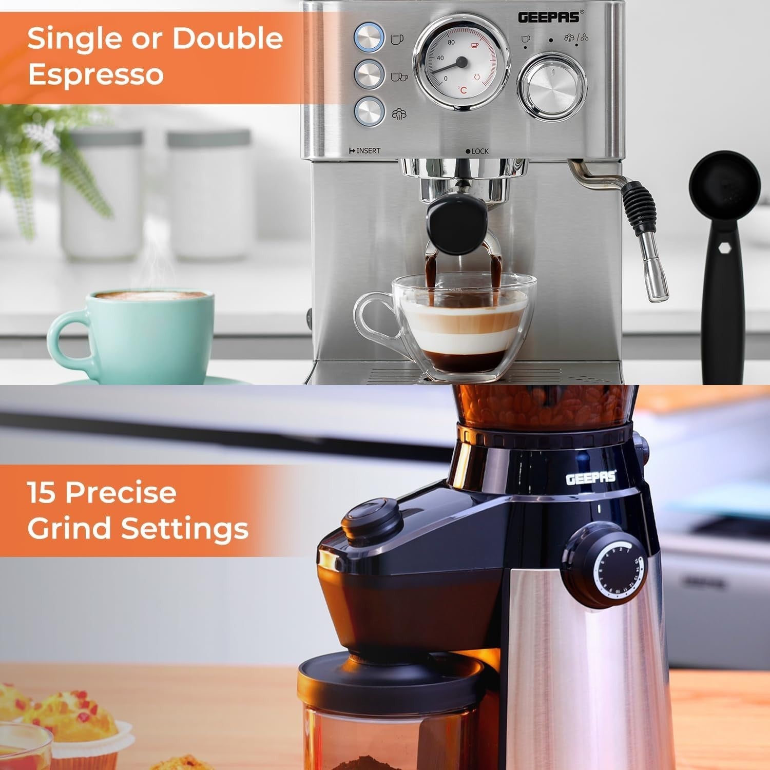 Espresso Machine 15 Bar with Milk Frother & Burr Grinder | 1.8L Tank