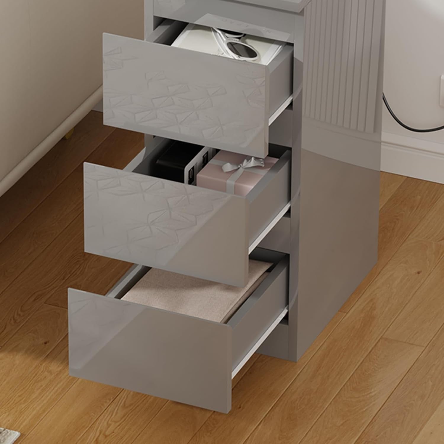 Grey Charging Bedside Table with USB Ports, Slim 3-Drawer Narrow Nightstand