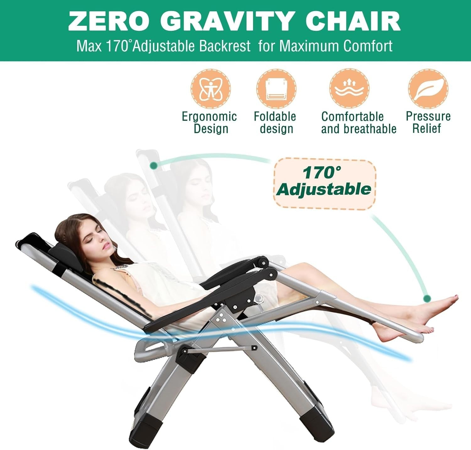 Reclining Zero Gravity Chair Outdoor Lounger 200KG Foldable Cushioned