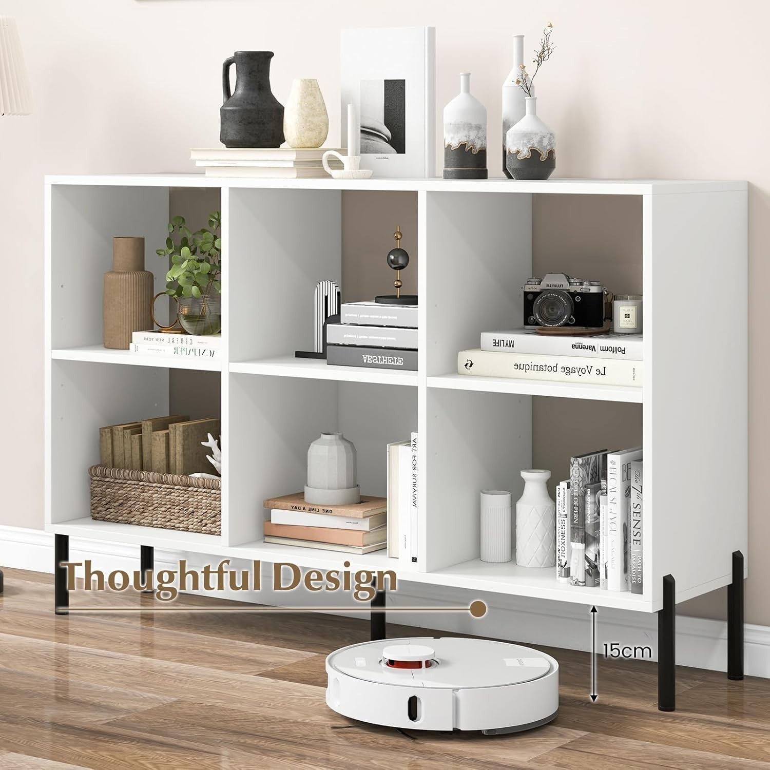 White 6-Cube Adjustable Storage Bookcase with Metal Legs 120x35x78cm