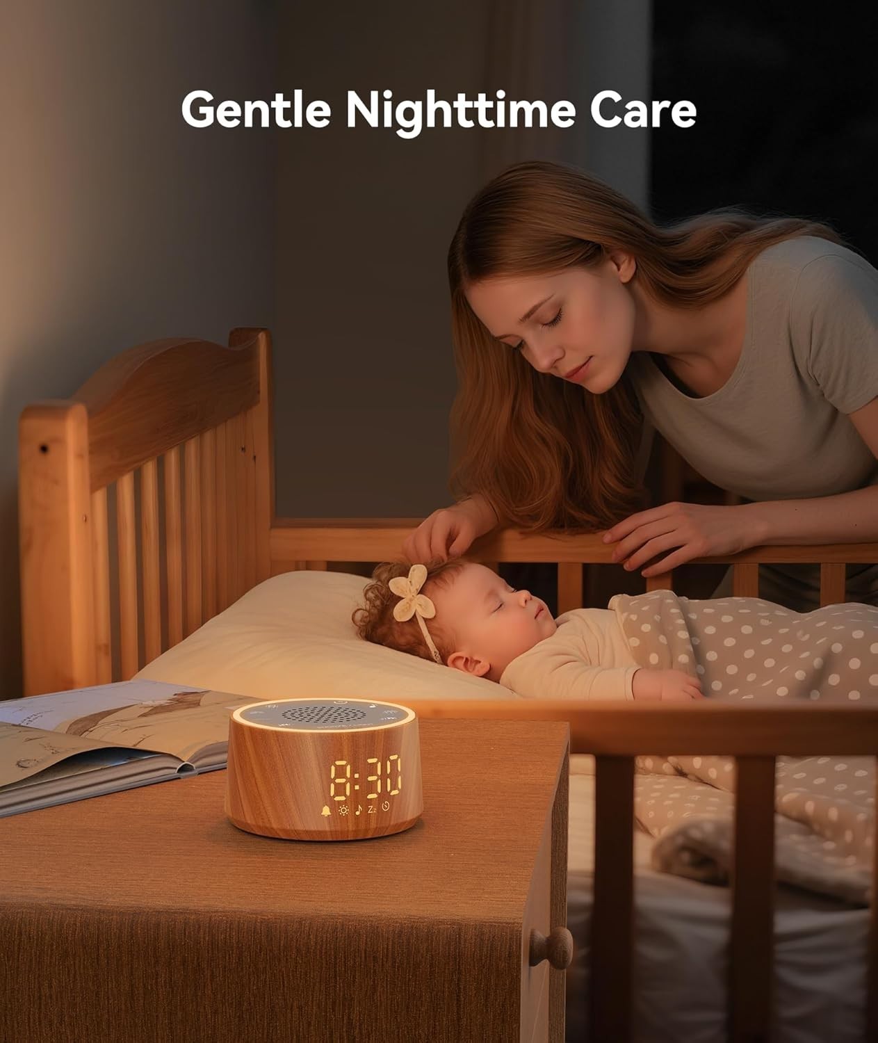 Baby Wood Grain Noise Machine with Night Light – 25 Soothing Sounds, Alarm