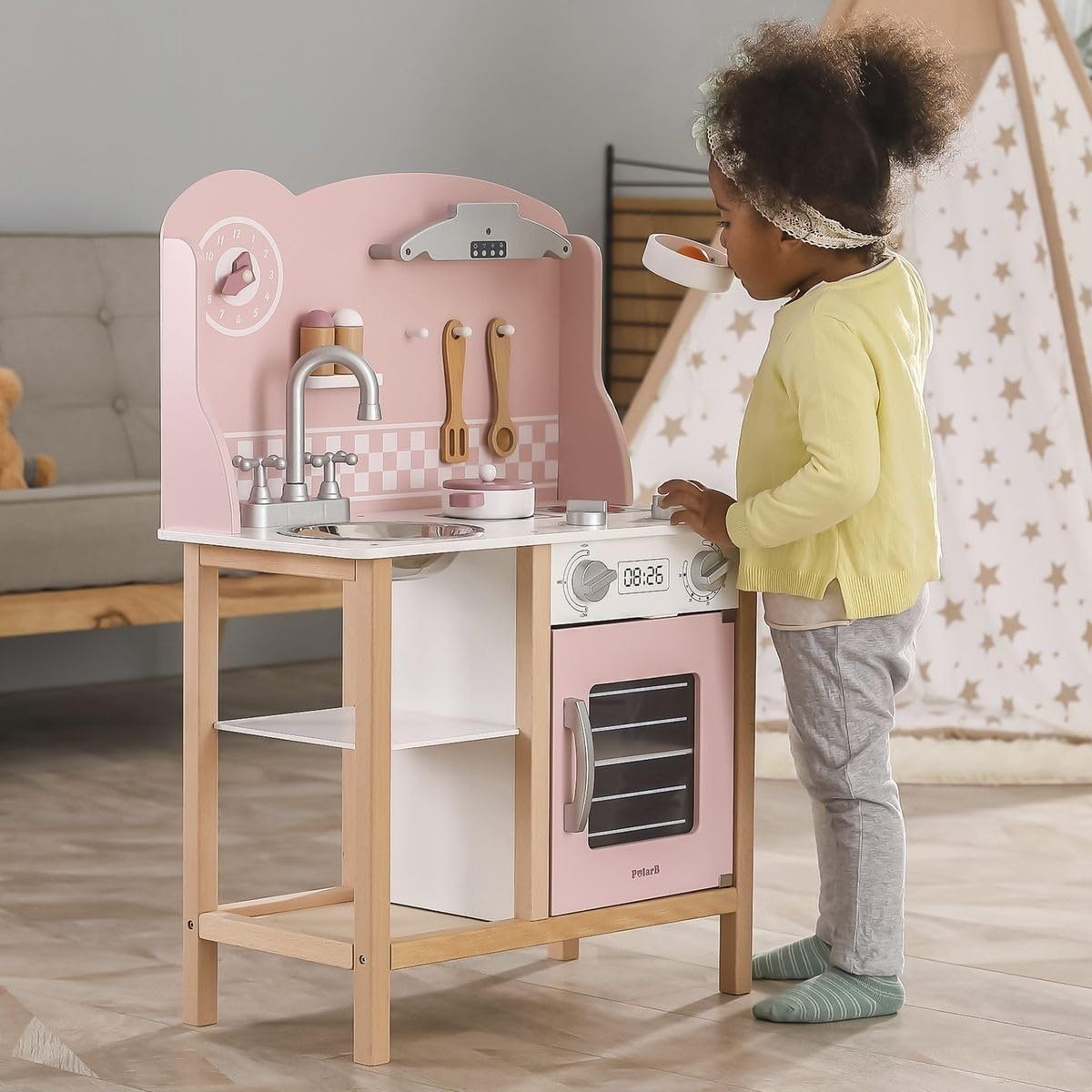 Wooden Kids Play Kitchen Modern Pretend Cooking Role Play Toy Pink