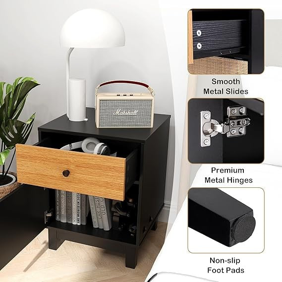 Boho Rattan Bedside Table with Drawer & Door, Modern Storage Nightstand