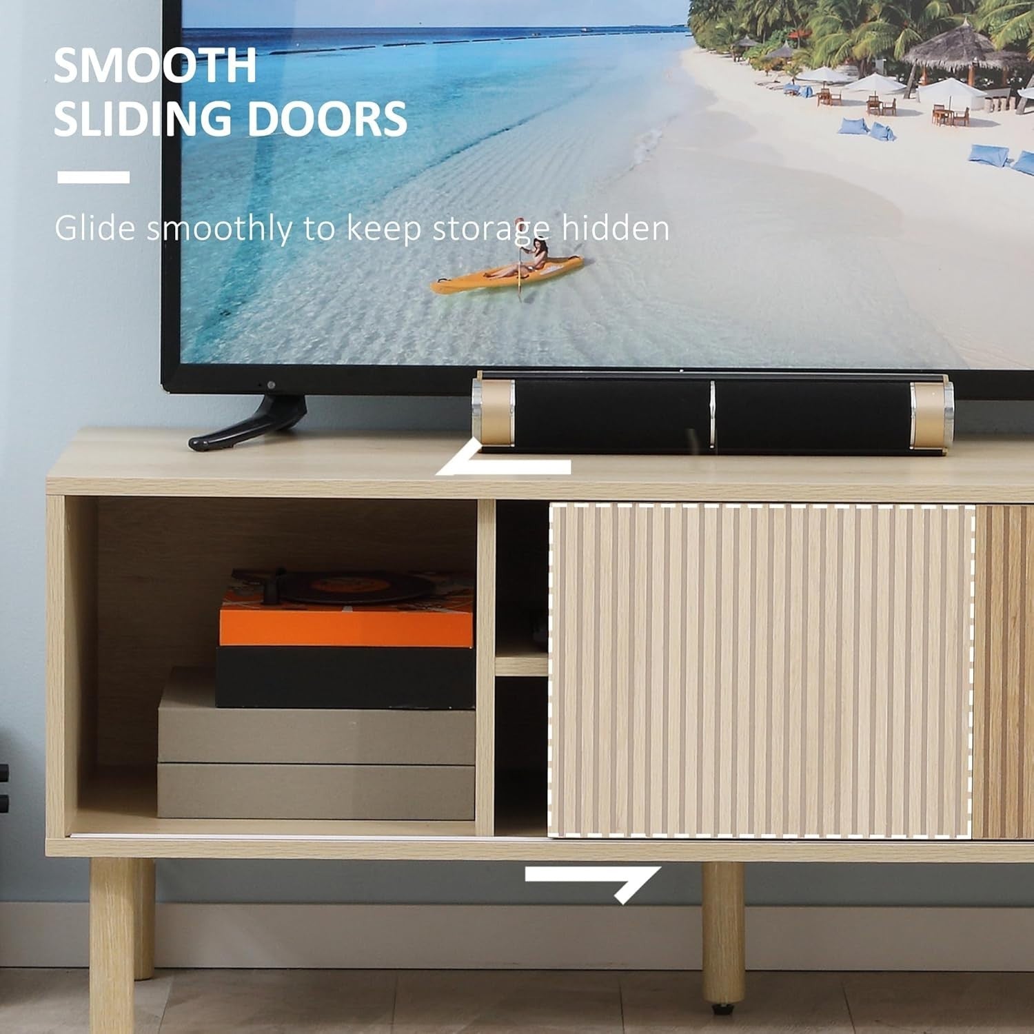 Modern Wood TV Unit Cabinet Stand with Storage Shelves & Sliding Doors