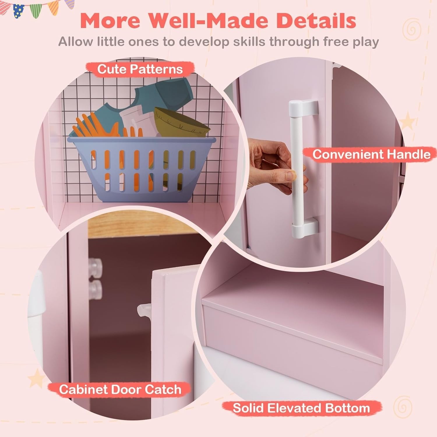 Kids Wooden Play Kitchen Laundry Set Lights Sounds Pink Toy Kitchen