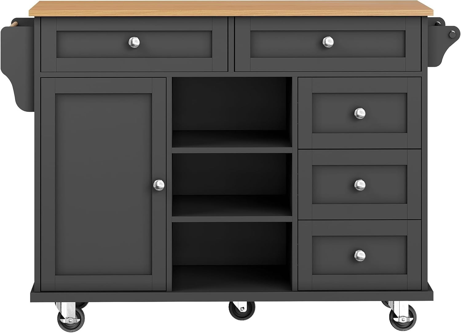 Black Kitchen Island Trolley on Wheels with 5 Drawers & Shelves | 134cm
