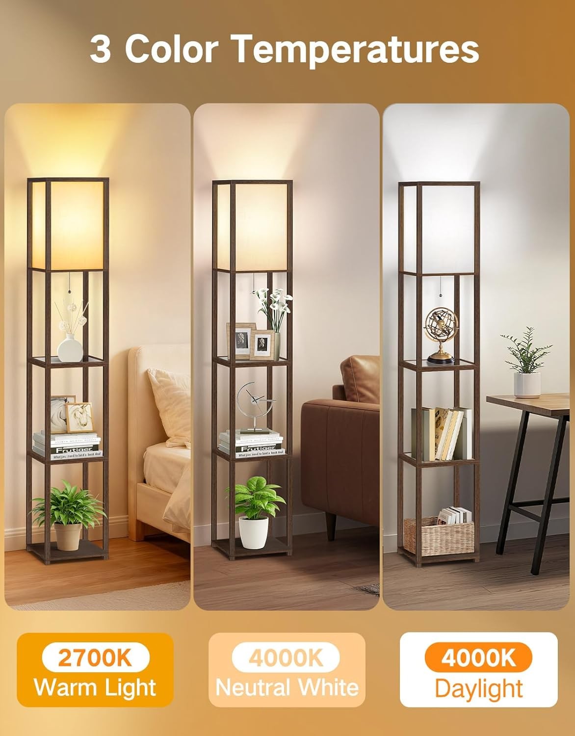 Floor Lamp with Shelves LED Adjustable Colour Standing Storage Light Walnut