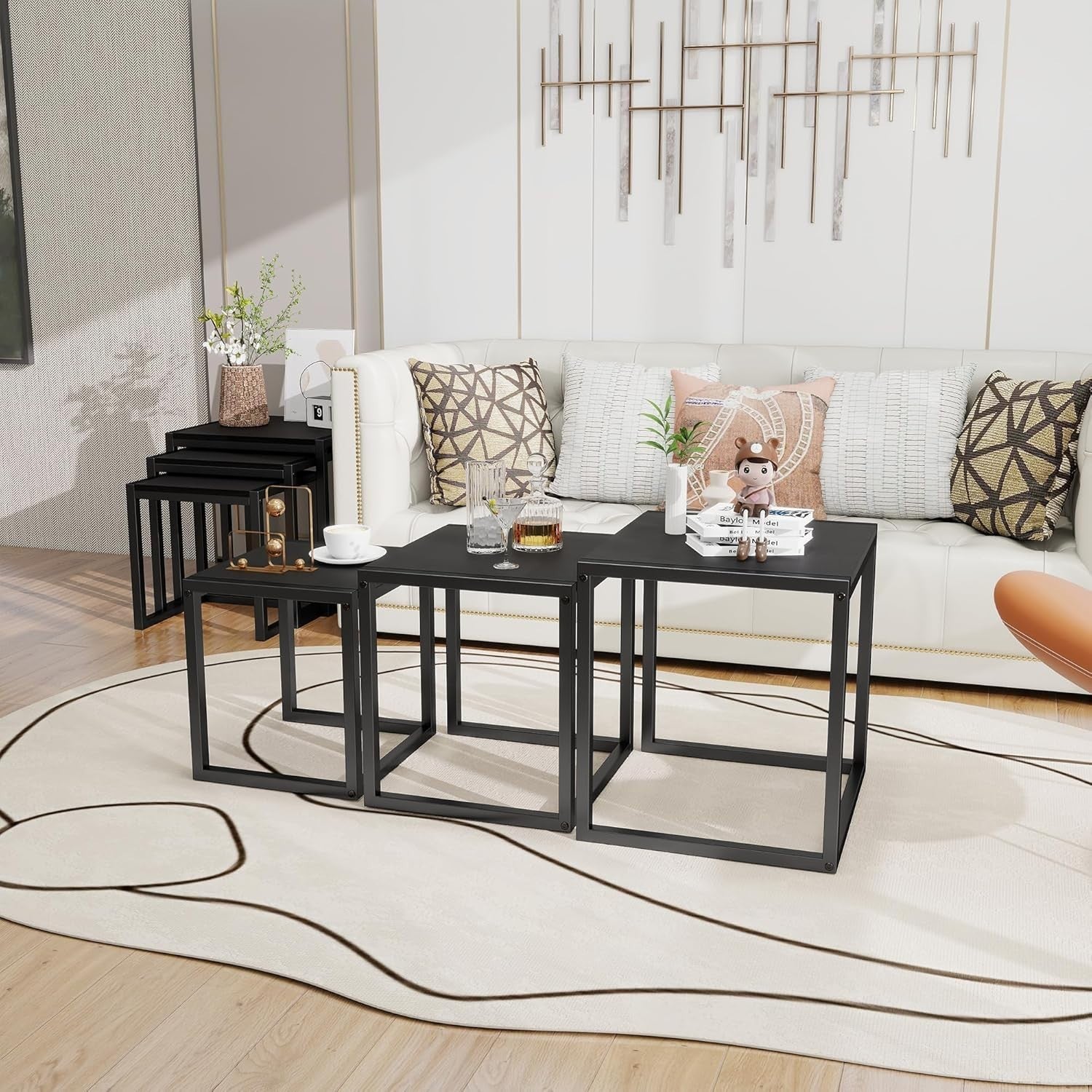 Nesting Coffee Side End Table Set Black Wood Metal Frame Home Living Room Office
